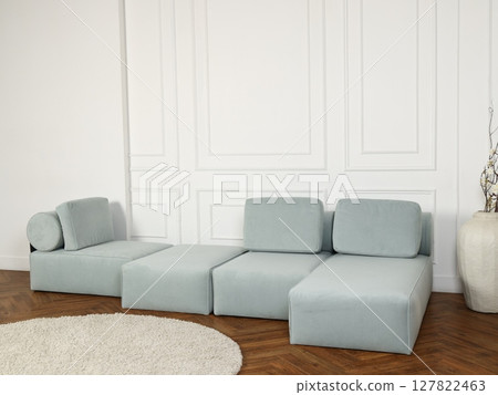 Introducing a Stylish Modular Sofa in Soft Blue Fabric, perfect for enhancing Modern Interiors 127822463