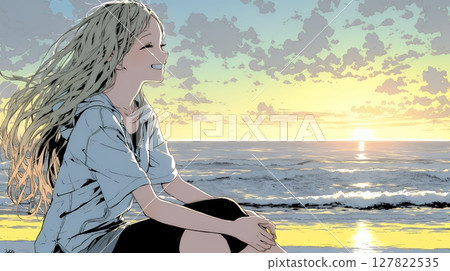 Relaxed and leisurely: Young woman watching the sunset on the beach in summer 127822535