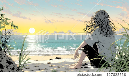 輕鬆悠閒：夏日海灘看日落的年輕女子 127822538