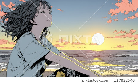 輕鬆悠閒：夏日海灘看日落的年輕女子 127822546