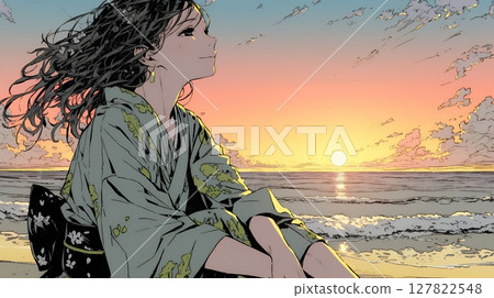 Relaxed and leisurely: Young woman watching the sunset on the beach in summer Relaxed and leisurely: Young woman watching the sunset on the beach in summer 127822548