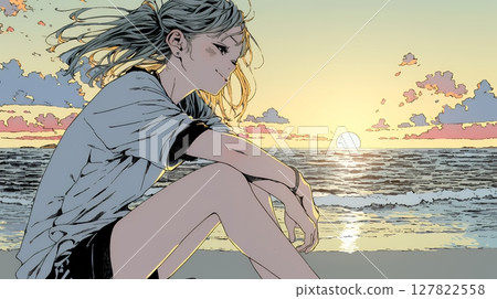 輕鬆悠閒：夏日海灘看日落的年輕女子 127822558