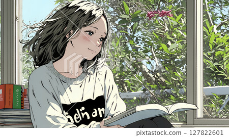 Relaxed and relaxed: A young woman relaxing by the window and reading a book 127822601