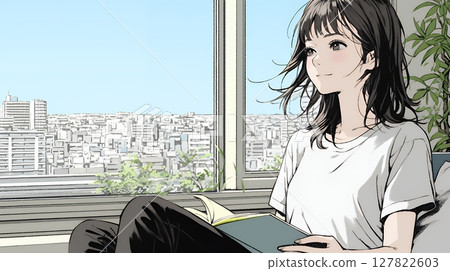 悠閒自在：一位年輕女子在窗邊休息看書 127822603