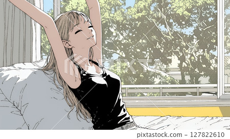 Relaxed and leisurely: A young woman relaxing in bed bathed in the morning sun Relaxed and leisurely: A young woman relaxing in bed bathed in the morning sun 127822610