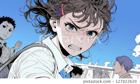 A high school girl in a uniform in a panic 127822620