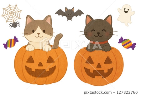 萬聖節南瓜中可愛的貓和鬼的插圖 萬聖節南瓜中可愛的貓和鬼的插圖 127822760