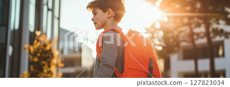 Schoolboy with an orange backpack walking through a vibrant cityscape at sunset, embodying the back to school spirit and the excitement of a new academic year 127823034