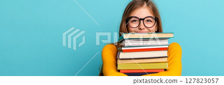 Happy elementary school student wearing glasses and an orange shirt, hugging a stack of colorful books and smiling with enthusiasm for learning against a vibrant turquoise background Happy elementary school student wearing glasses and an orange shirt, hugging a stack of colorful books and smiling with enthusiasm for learning against a vibrant turquoise background 127823057