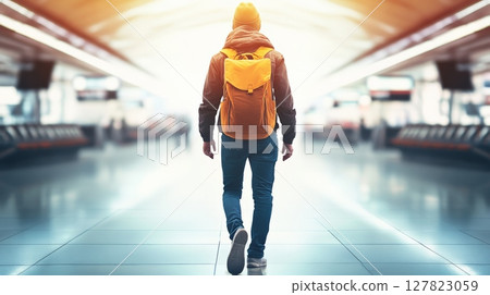 University student walking through a school hallway, carrying a bright yellow backpack, heading back to classes after a long summer break, embracing a fresh start in education 127823059