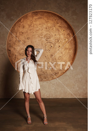 An Elegant Woman Posing Gracefully in Front of a Beautiful and Artistic Background An Elegant Woman Posing Gracefully in Front of a Beautiful and Artistic Background 127823170