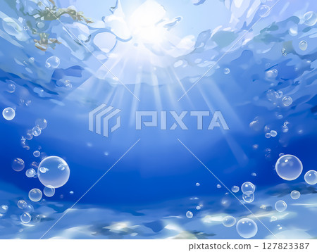 動漫風格的插圖，描繪一個人在水下仰望太陽 127823387
