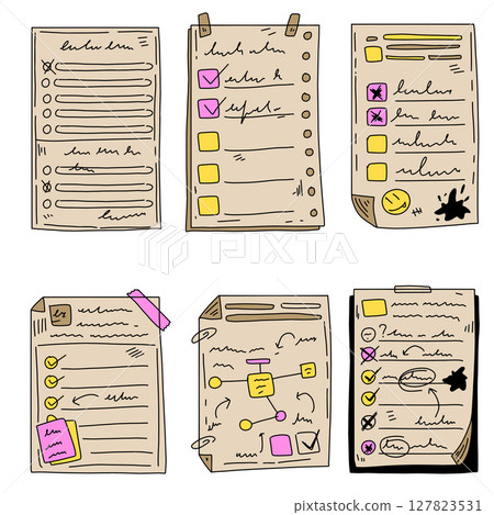 Document note list. Doodle clipboard page, business paper test. Office checkbox questionnaire. Sketch checklist file 127823531