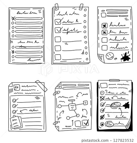 Document note list. Sketch checklist file. Doodle clipboard page, business paper test. Office checkbox questionnaire 127823532