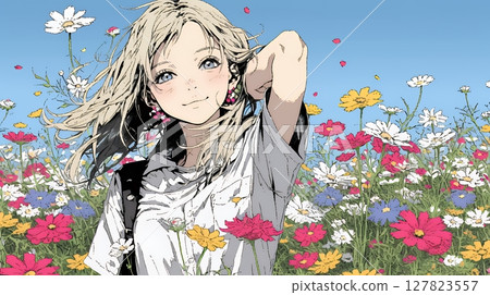 Young woman in a cosmos field 127823557