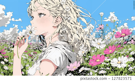Young woman in a cosmos field 127823571