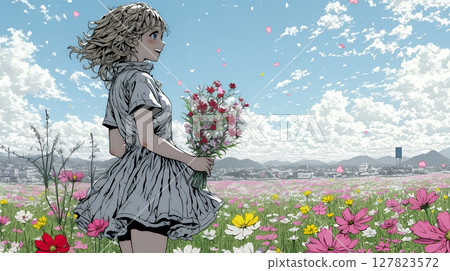 Young woman in a cosmos field 127823572