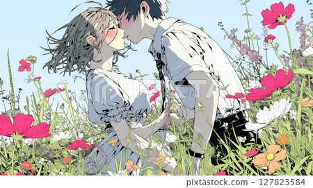 A young couple having a date in a cosmos field 127823584