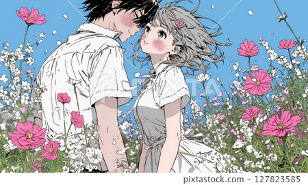 A young couple having a date in a cosmos field 127823585