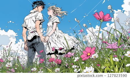 一對年輕情侶在波斯菊田野約會 一對年輕情侶在波斯菊田野裡約會 127823590