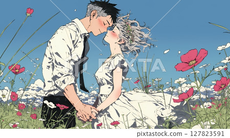 A young couple having a date in a cosmos field 127823591