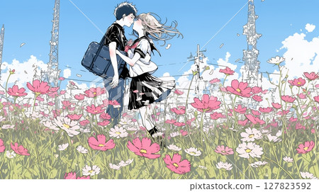 A young couple having a date in a cosmos field 127823592
