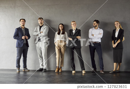 Team of business people or colleagues standing against grey wall Team of business people or colleagues standing against grey wall 127823631