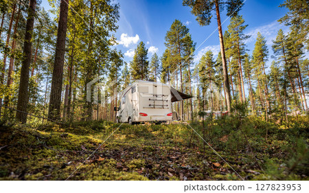 Family vacation travel RV, holiday trip in motorhome, Caravan car Vacation. 127823953