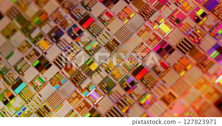 Silicon semiconductor wafer close-up. 127823971
