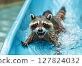Excited raccoon sliding down a water slide with wide open mouth, splashing water in a fun summer moment. 127824032