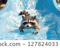 Excited raccoon sliding down a water slide with wide open mouth, splashing water in a fun summer moment. 127824033