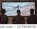 Soldiers in camouflage observe military drone operation on large screen, focusing on aerial surveillance and strategic mission planning 127824036