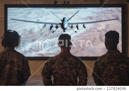Soldiers in camouflage observe military drone operation on large screen, focusing on aerial surveillance and strategic mission planning Soldiers in camouflage observe military drone operation on large screen, focusing on aerial surveillance and strategic mission planning 127824036