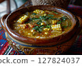 Salvadoran sopa de pata is a hearty soup made with tripe, vegetables, and corn 127824037