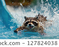 Excited raccoon sliding down a water slide with wide open mouth, splashing water in a fun summer moment. 127824038