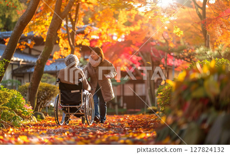 A wheelchair walk for a caregiver amid the autumn leaves 127824132