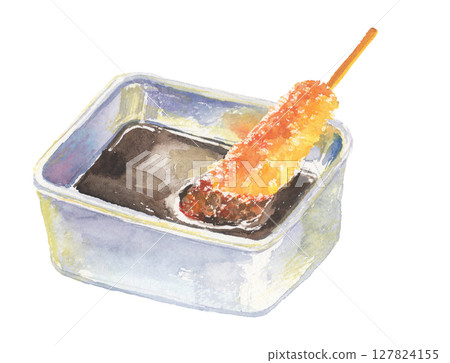 Watercolor illustration of kushikatsu dipped in sauce - Osaka specialty fried food Watercolor illustration of kushikatsu dipped in sauce - Osaka specialty fried food 127824155