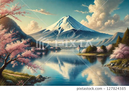Mt. Fuji, cherry blossoms, and lake 127824385