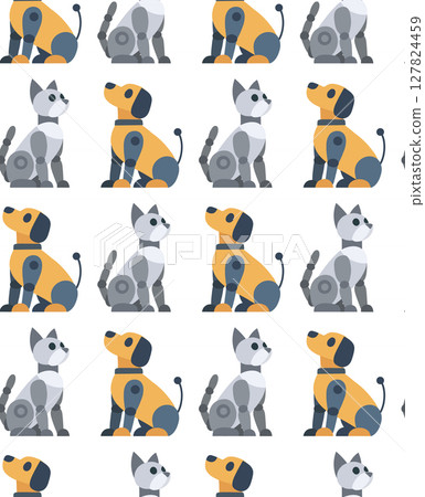 Vector seamless pattern with mechanical pets. Texture with robot dogs and robot cats on white background. Animals of the future 127824459