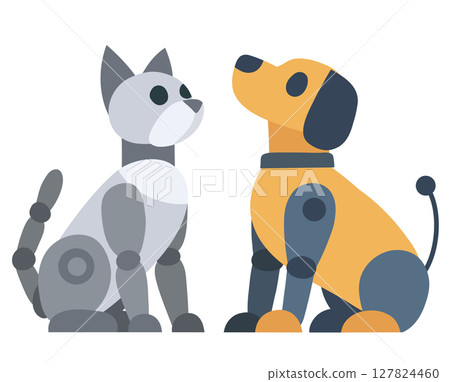 Vector set of mechanical pets clip arts. Collection of robot dog and robot cat. Animals of the future Vector set of mechanical pets clip arts. Collection of robot dog and robot cat. Animals of the future 127824460