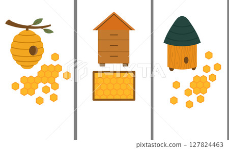 Vector set of vertical beekeeping banner. Collection of cards with beehive, honeycombs and copy space in vector flat style 127824463