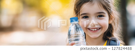 Happy elementary school student carrying backpack and holding refreshing bottle of water during school break in the park, smiling and enjoying her leisure time 127824488
