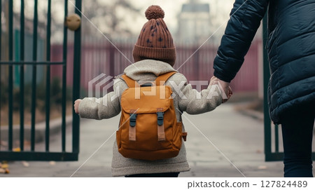 Parent and child walking hand in hand through the school gate, embodying love and support on a journey of new beginnings, growth, and shared experiences in education Parent and child walking hand in hand through the school gate, embodying love and support on a journey of new beginnings, growth, and shared experiences in education 127824489