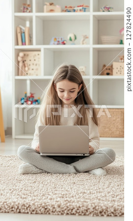 Happy elementary school student using laptop sitting on carpet in playroom with white bookcase full of toys in background, enjoying online education and back to school 127824490