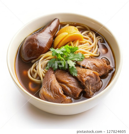 White Bowl Filled With Meat and Noodles. Generative AI White Bowl Filled With Meat and Noodles. Generative AI 127824605