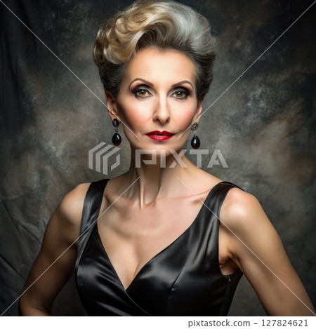 Stylish Woman in Black Dress Posing. Generative AI 127824621