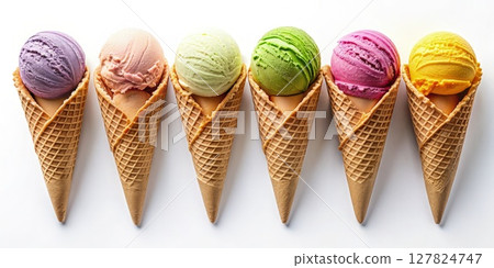 Five Ice Cream Cones Lined Up in a Row. Generative AI Five Ice Cream Cones Lined Up in a Row. Generative AI 127824747