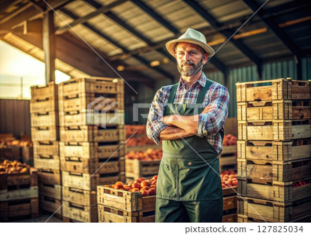 Man Standing in Front of Crates of Apples. Generative AI Man Standing in Front of Crates of Apples. Generative AI 127825034