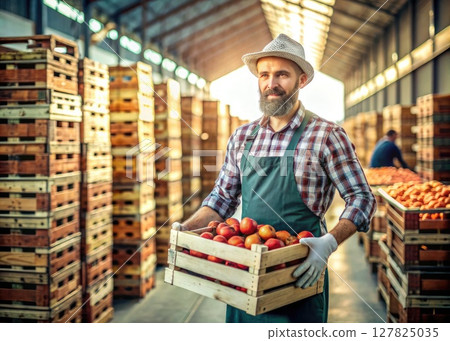 Man Holding Crate of Apples in Warehouse. Generative AI Man Holding Crate of Apples in Warehouse. Generative AI 127825035
