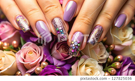 Close Up of Womans Nails With Flowers. Generative AI Close Up of Womans Nails With Flowers. Generative AI 127825036
